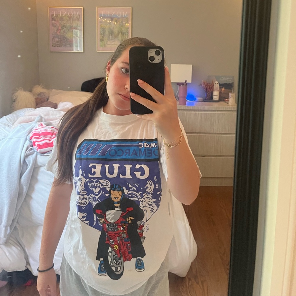 White and blue Mac Demarco Glue tee
Small stain